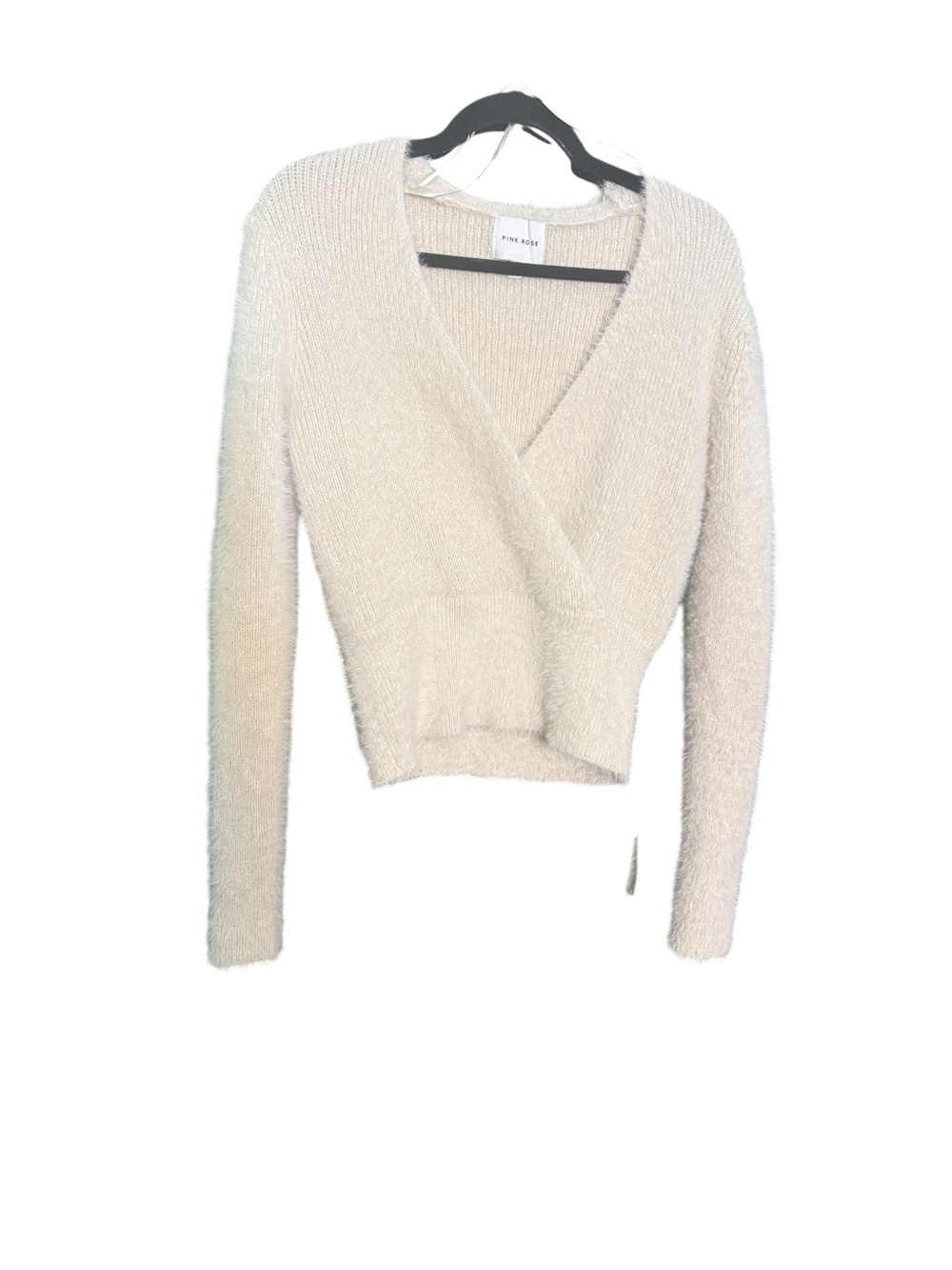 Pink Rose Cream Fall EverydayV-Neck Eyelash Wrap Long Sleeve Fitted Sweater sz L